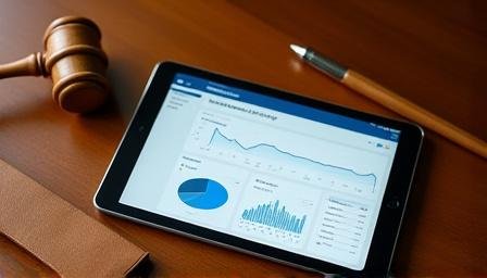 Gavel on a desk next to a digital tablet displaying legal text and financial data