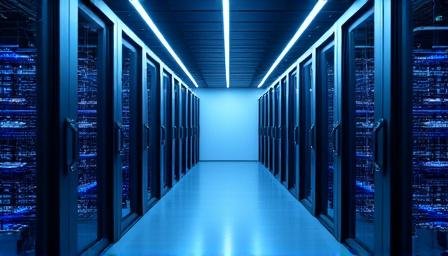 Modern server room with glowing blue lights signifying high-speed data processing